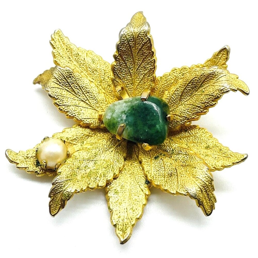 Vintage Gold Tone Leaf Brooch Green Cabochon Faux Pearl Statement